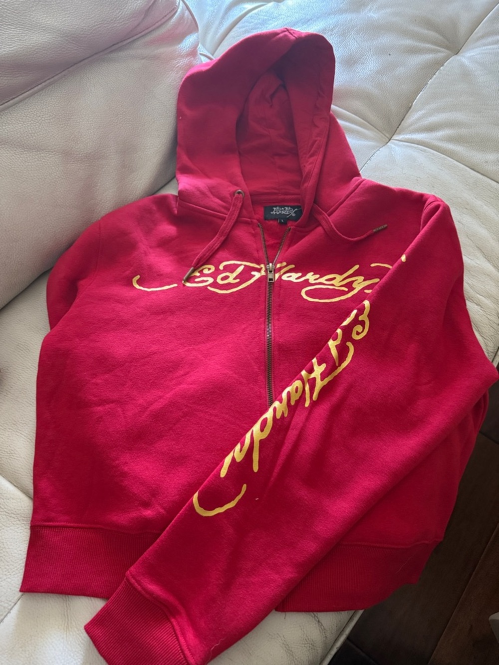 Ed Hardy Red Hoodie with Yellow Script Zip Front